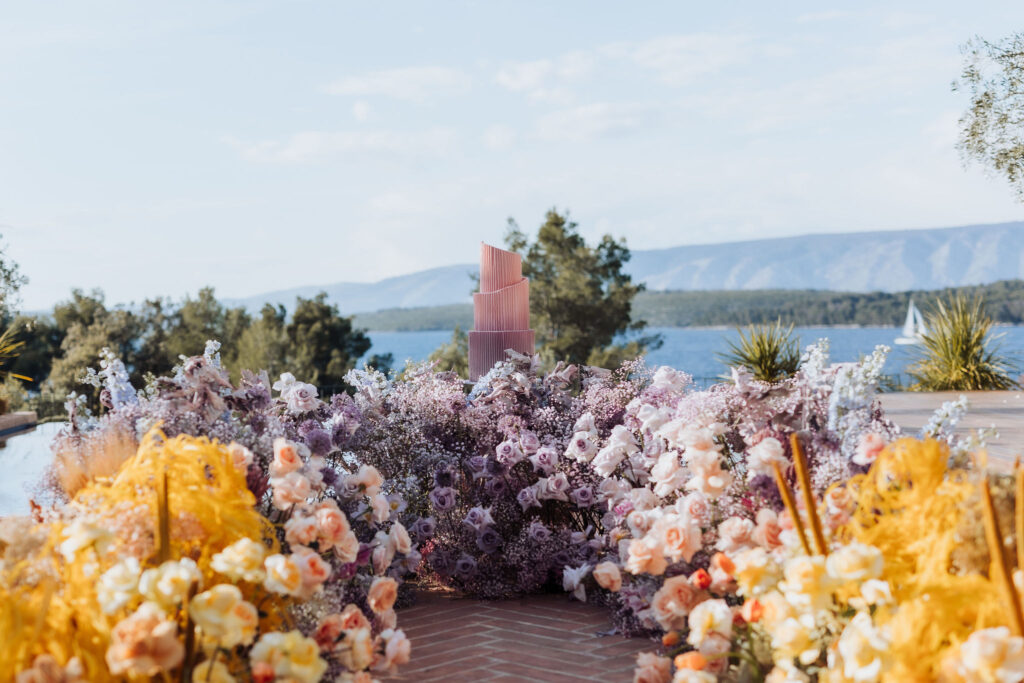 Gorgeous wedding cake at Maslina Resort, made with Hvar lemons, olive oil, and figs, representing the local flavors of the island.