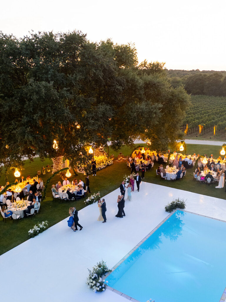 Aerial view of luxury wedding reception at Meneghetti Wine Hotel