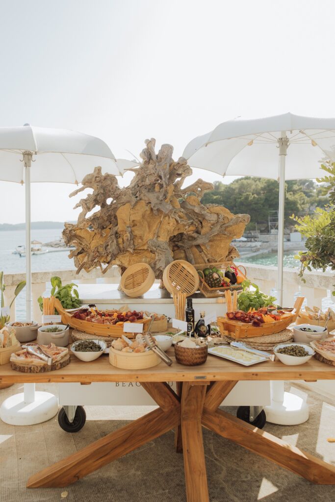 Beautiful buffet display during cocktail hour at the Beach Club Hvar venue
