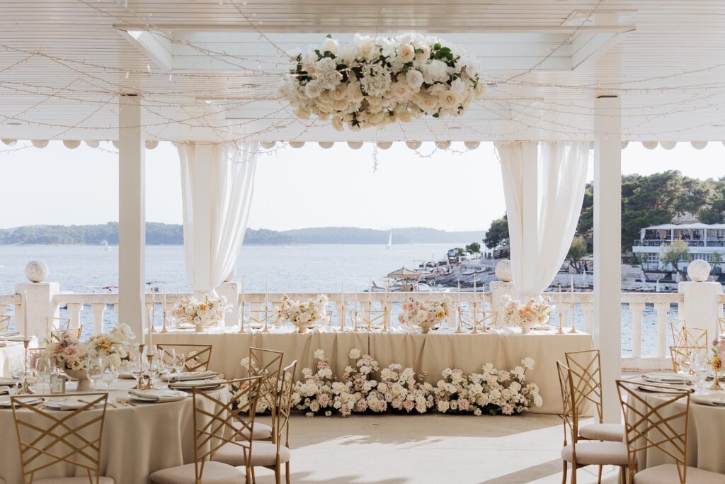 Beach Club Hvar wedding reception upper deck gold details