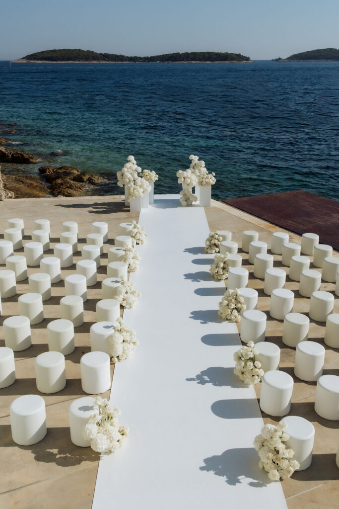 Danielle & Jonah beautiful Beach Cluh Hvar wedding ceremony on the pier
