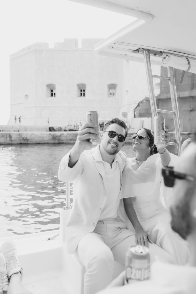 Wedding couple on the boat in Dubrovnik to their welcome event