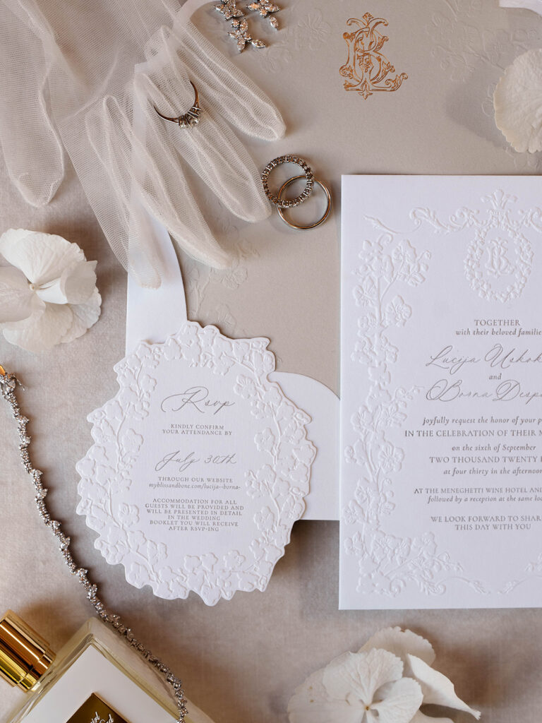 Luxury destination wedding invitations details at Meneghetti Winery, Istria