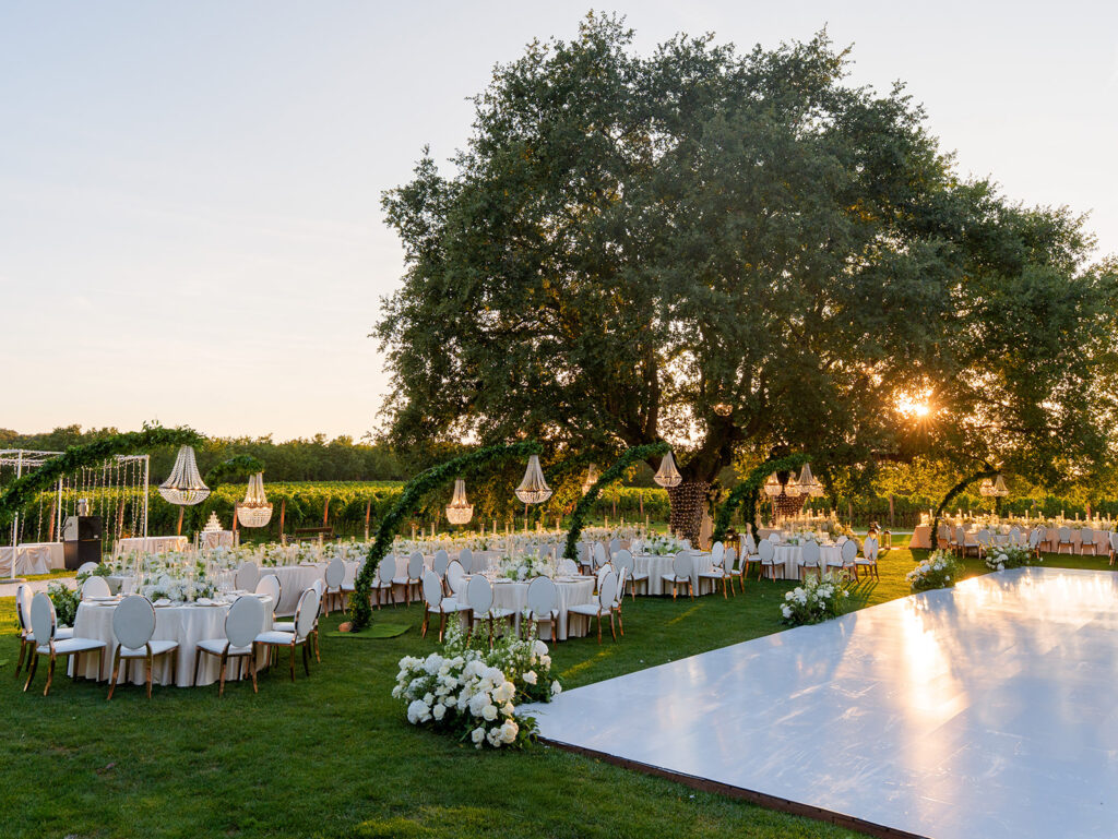 Elegant outdoor reception beneath centuries-old trees at Meneghetti