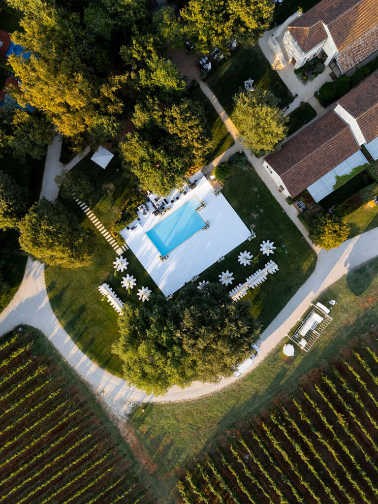 Aerial view of luxury wedding reception at Meneghetti Wine Hotel