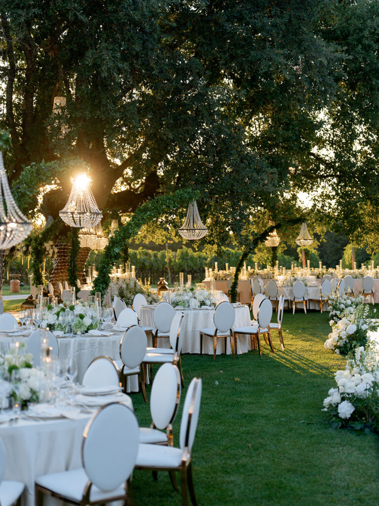 Elegant outdoor reception beneath centuries-old trees at Meneghetti