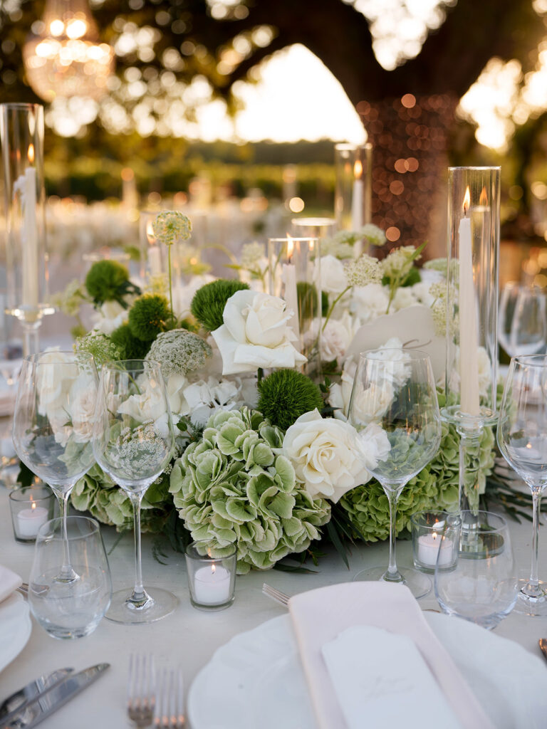 White floral wedding centerpiece at Meneghetti Istria