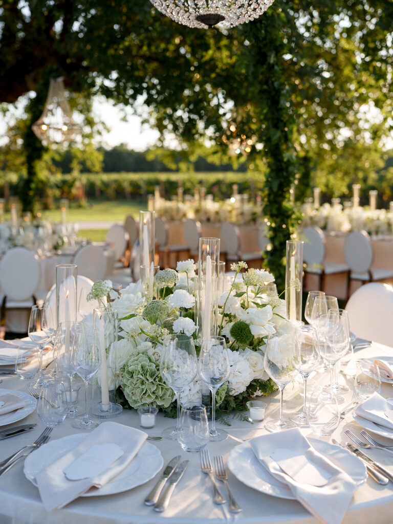 Elegant outdoor reception beneath centuries-old trees at Meneghetti